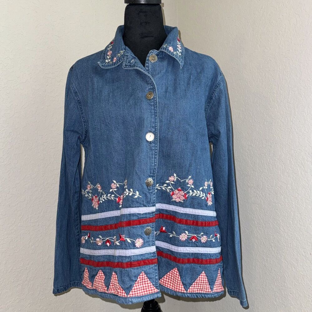 Nectar Denim Shirt Women's L Blue Floral Cotton Embroidery Long Sleeve Button-Up